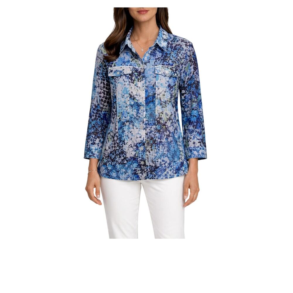 CJ Banks Top Womens Size 1X Blue Button Front Collar Lightweight Long Sleeve